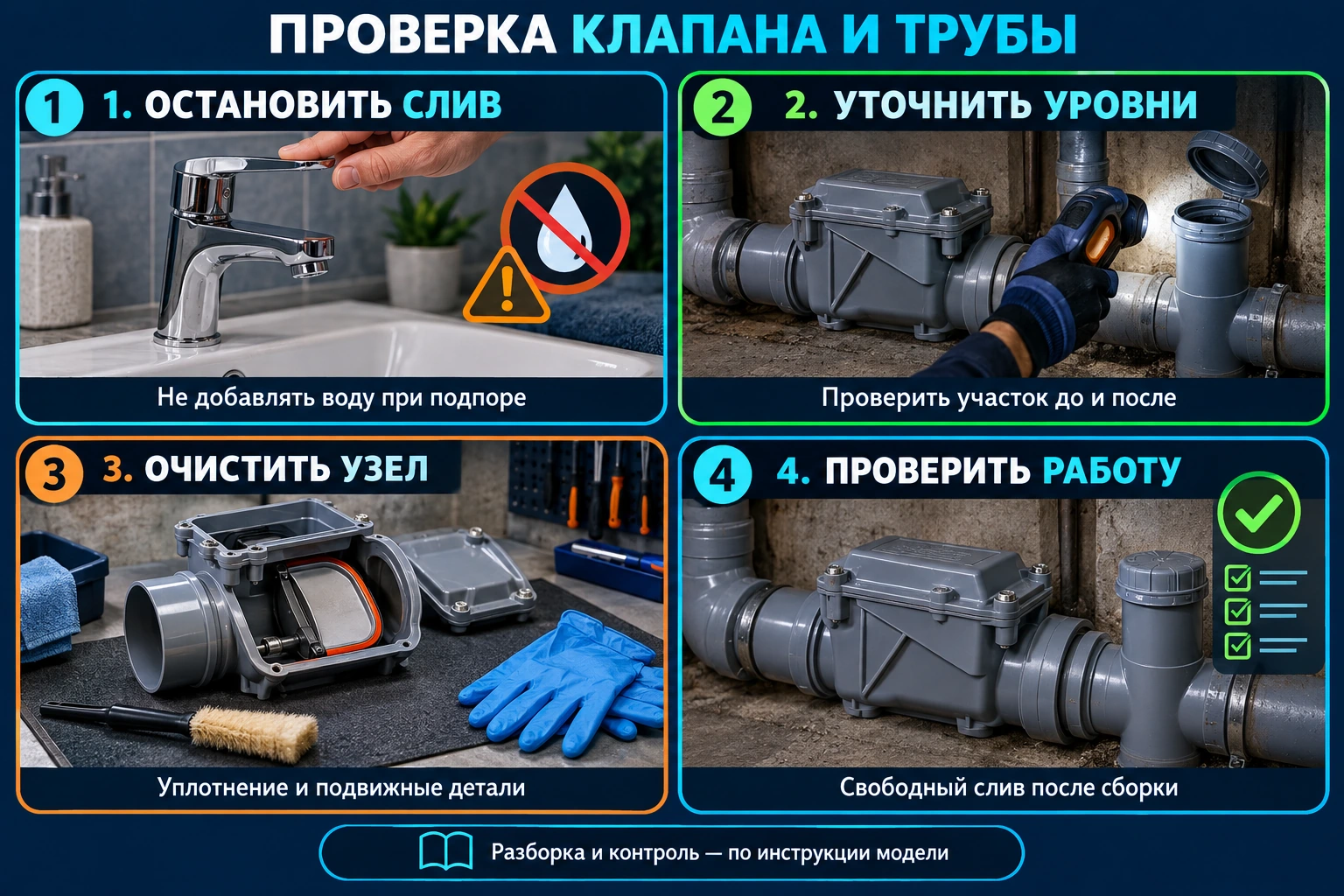 Инфографика: остановка слива, проверка участков до и после клапана, очистка узла и контроль после сборки