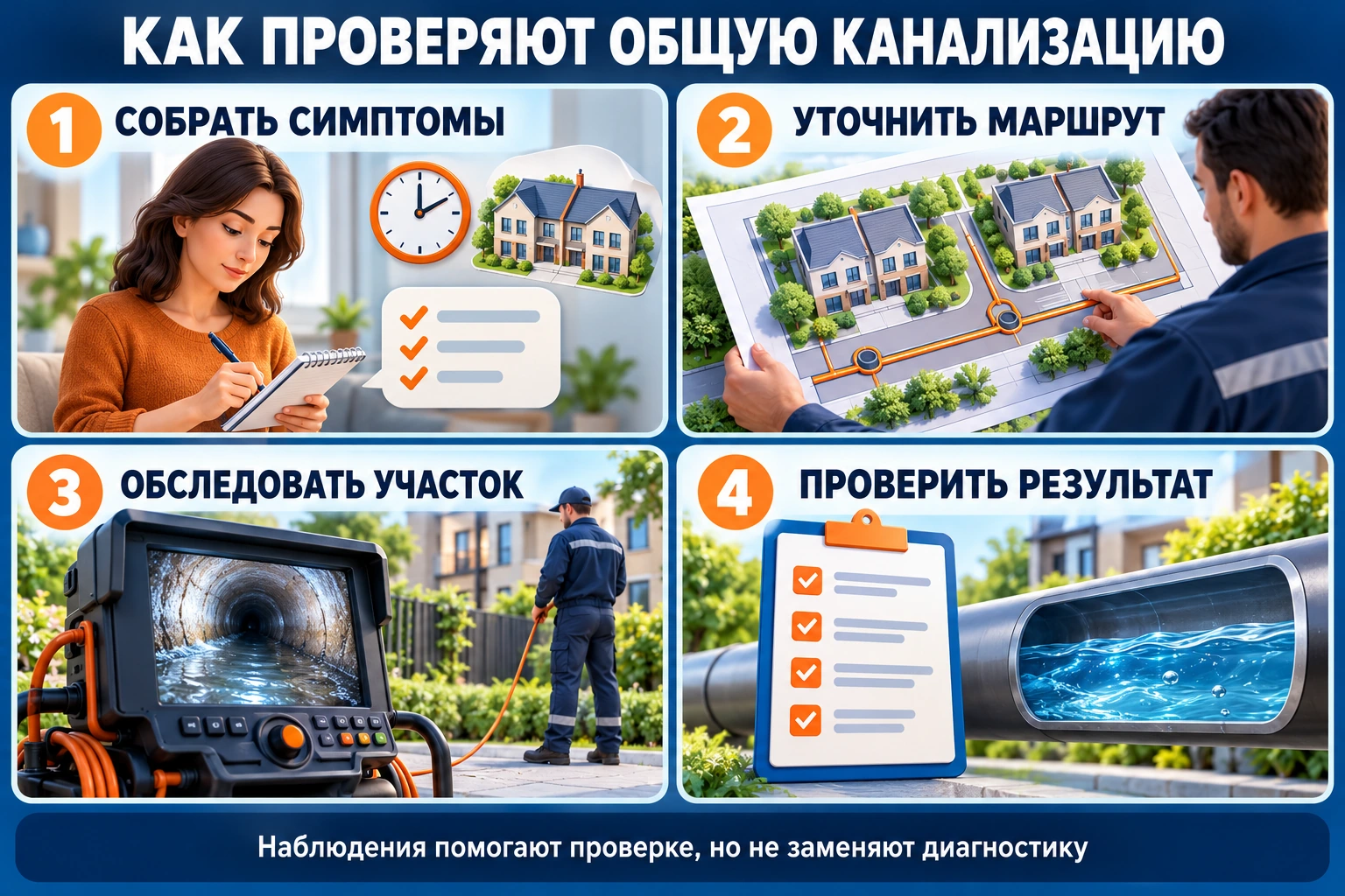 Инфографика обследования общей канализации: сбор симптомов, уточнение маршрута, осмотр участка и проверка результата