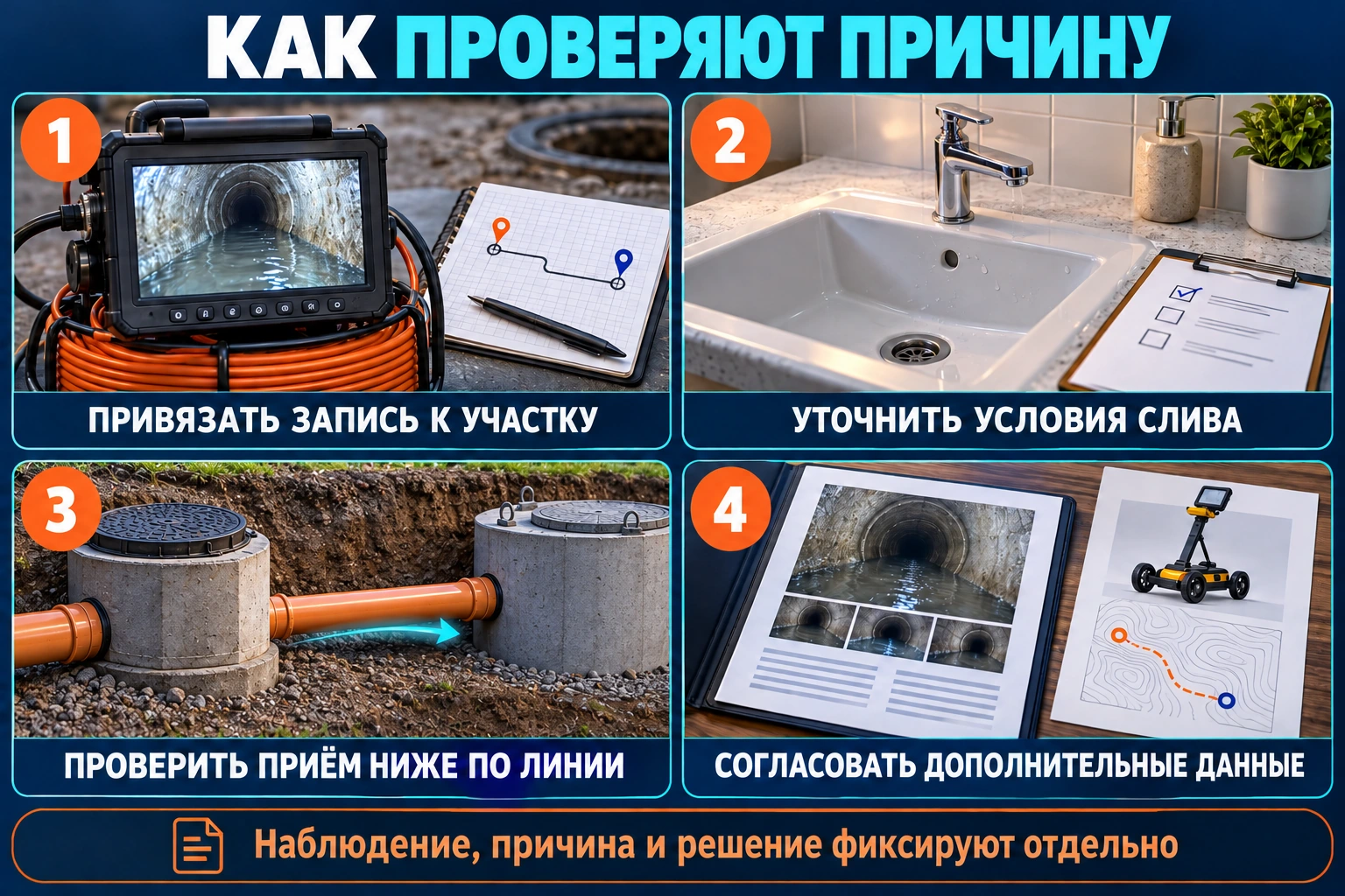 Инфографика проверки причины воды: привязка записи, условия слива, приём ниже по линии и дополнительные данные