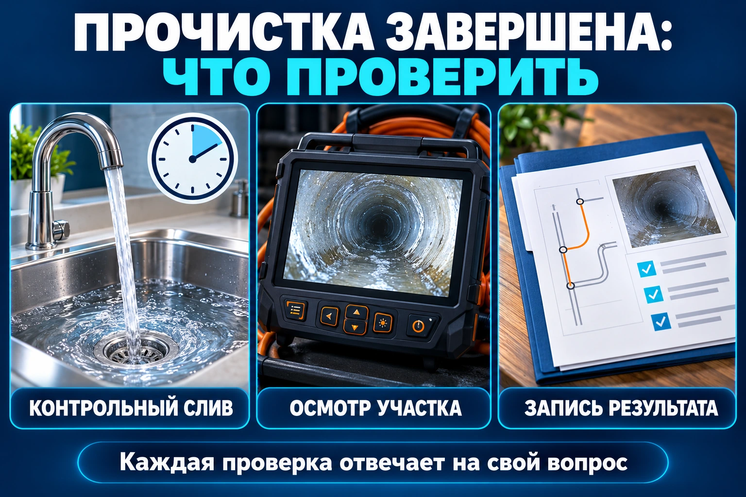 Инфографика проверки после прочистки канализации: слив, осмотр камерой и запись результата