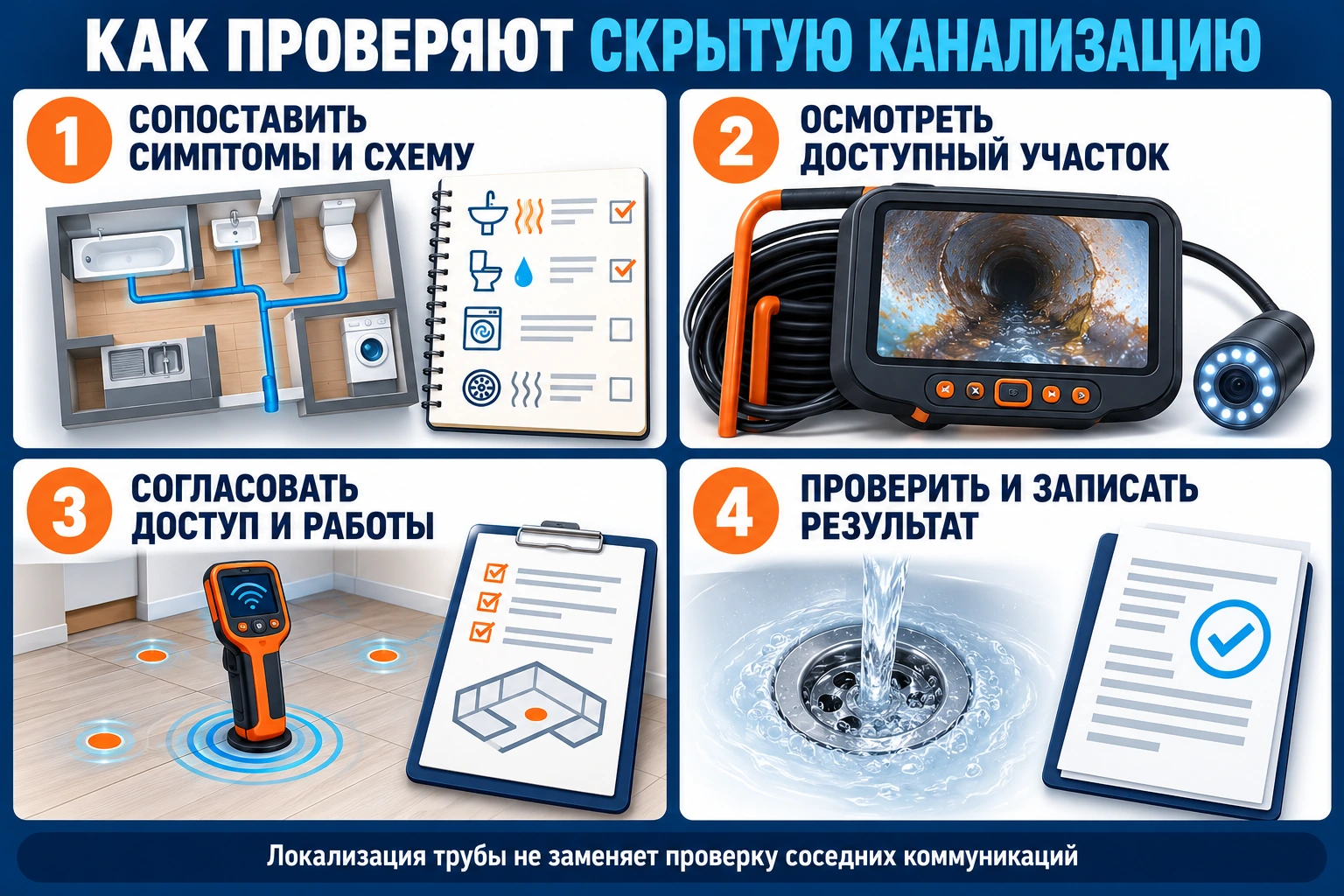 Инфографика обследования скрытой канализации: симптомы и схема, осмотр доступной зоны, согласование работ и проверка результата