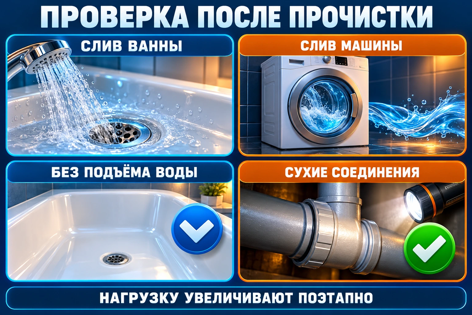 Этапы проверки после прочистки: слив ванны, откачка машины, отсутствие подъёма воды и герметичность соединений