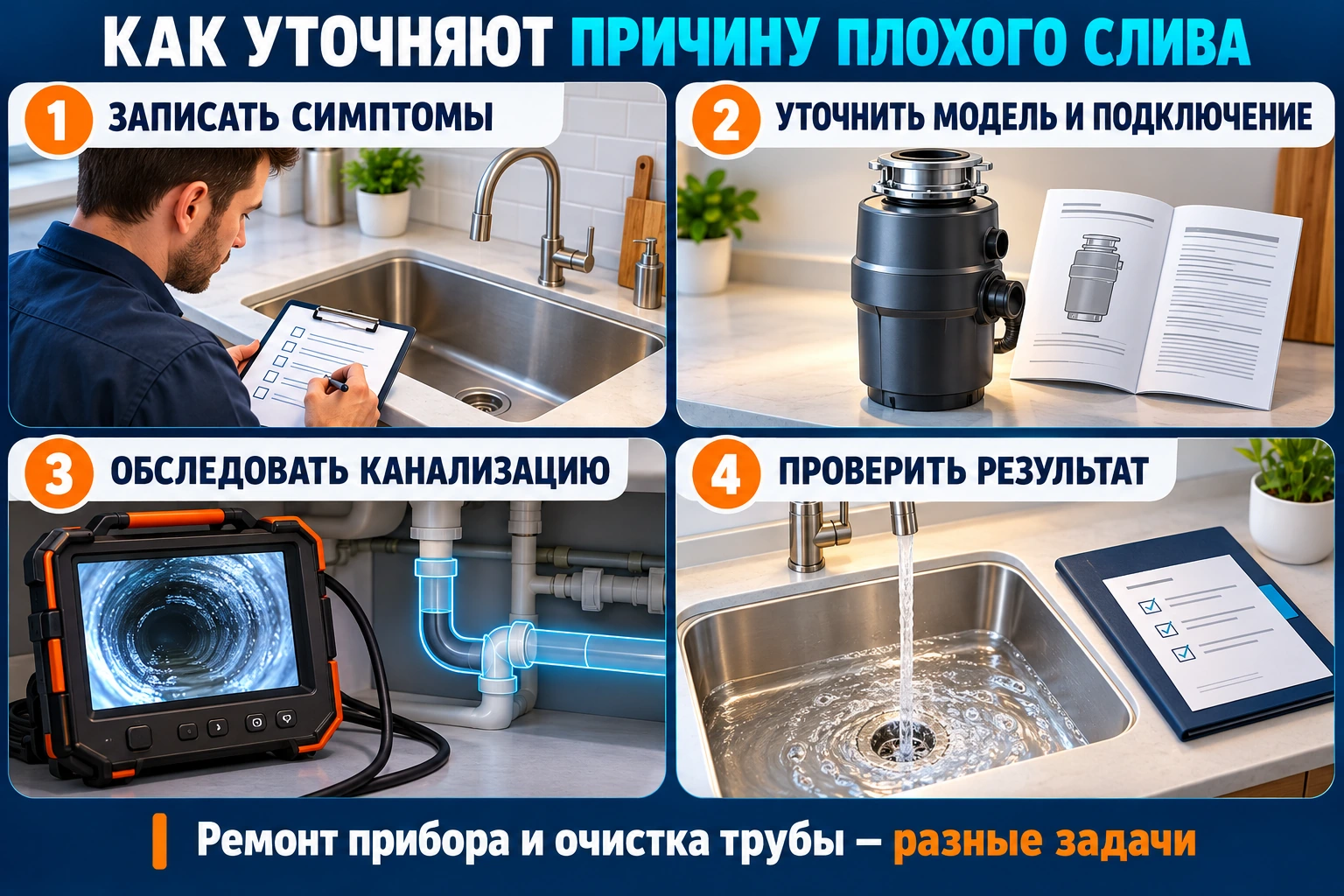 Инфографика диагностики плохого слива с измельчителем: симптомы, модель и подключение, обследование канализации и контроль результата