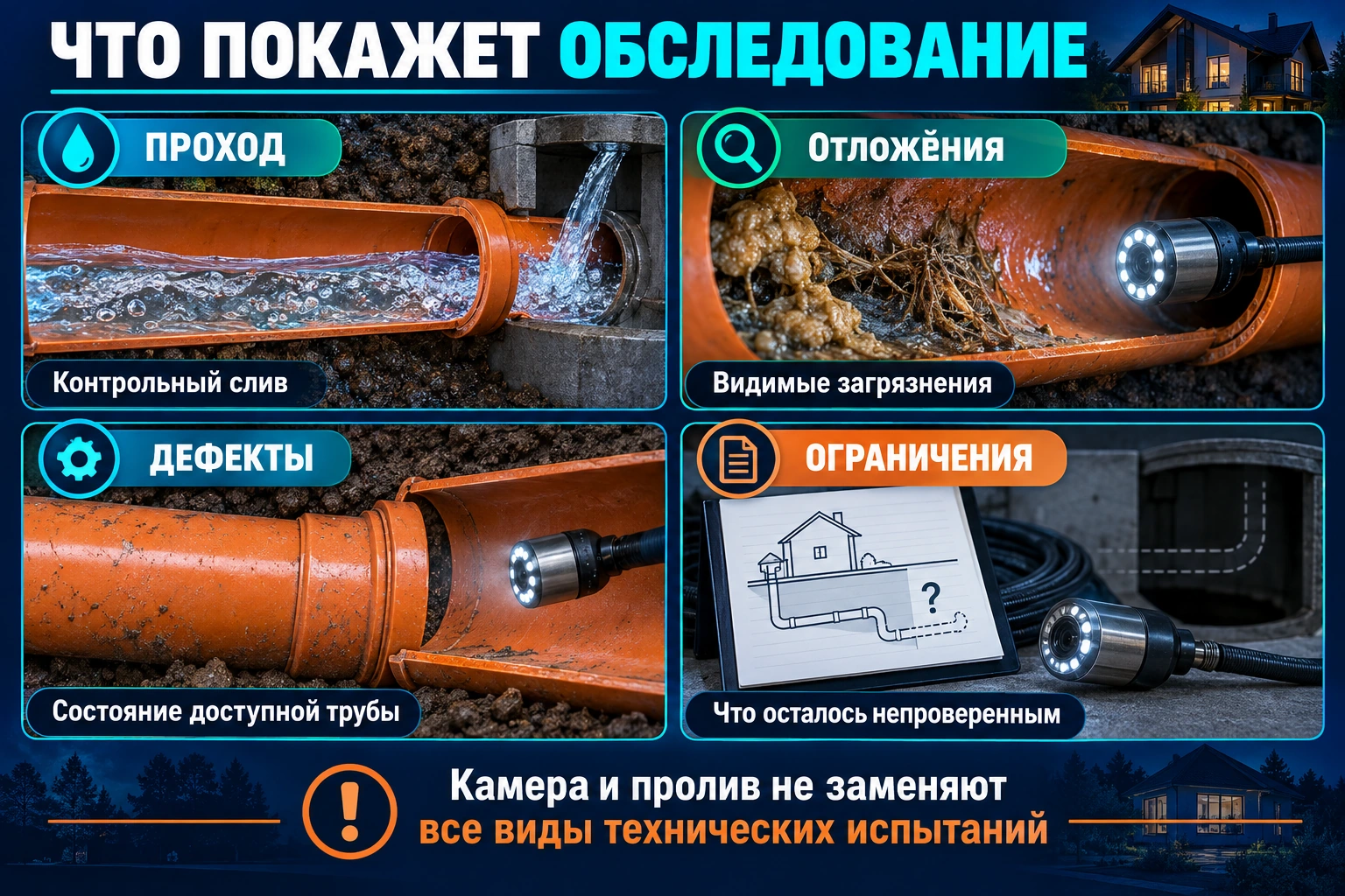 Инфографика результатов обследования: контрольный слив, видимые отложения, состояние доступной трубы и непроверенные зоны