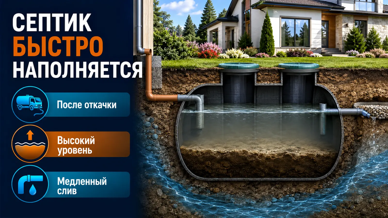 Септик быстро наполняется после откачки из-за высокого уровня и затруднённого выхода