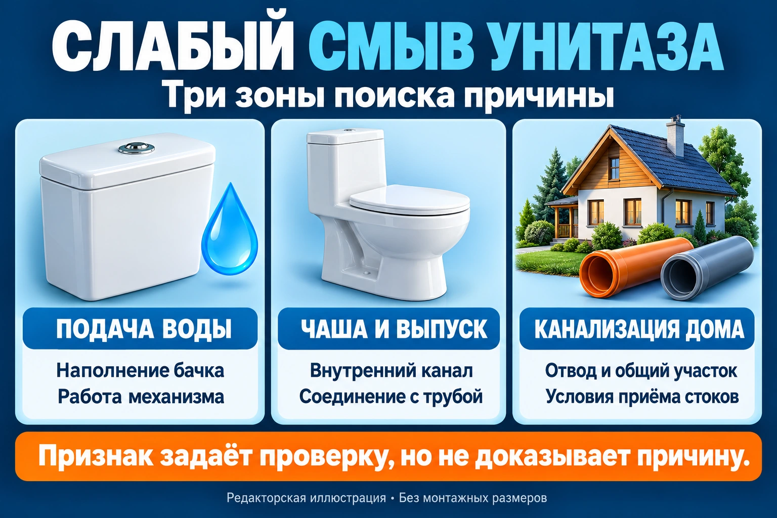 Инфографика зон проверки слабого смыва унитаза: подача воды, чаша и выпуск, канализация дома