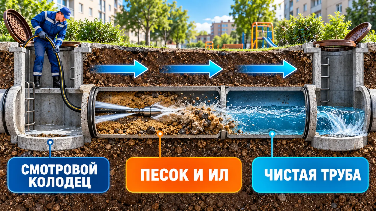 Промывка песка и ила из дворовой канализационной трубы через смотровой колодец