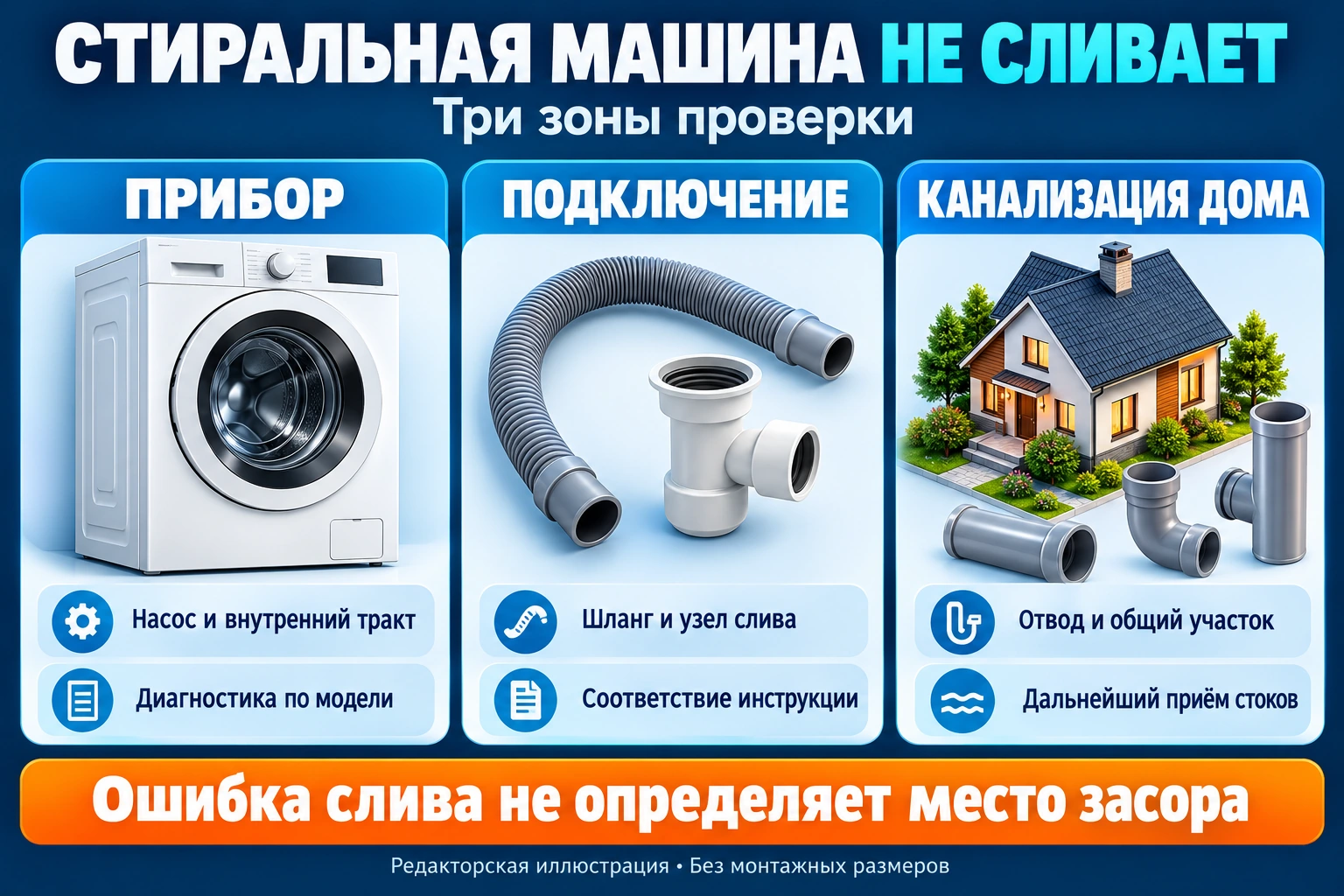 Инфографика зон проверки слива стиральной машины: прибор, подключение и канализация дома