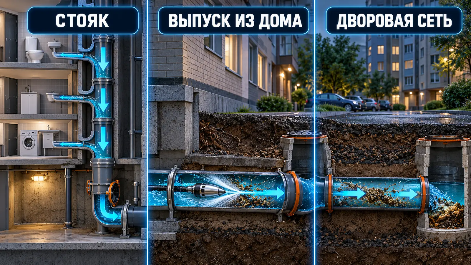 Стояк, выпуск из многоквартирного дома и дворовая канализационная сеть