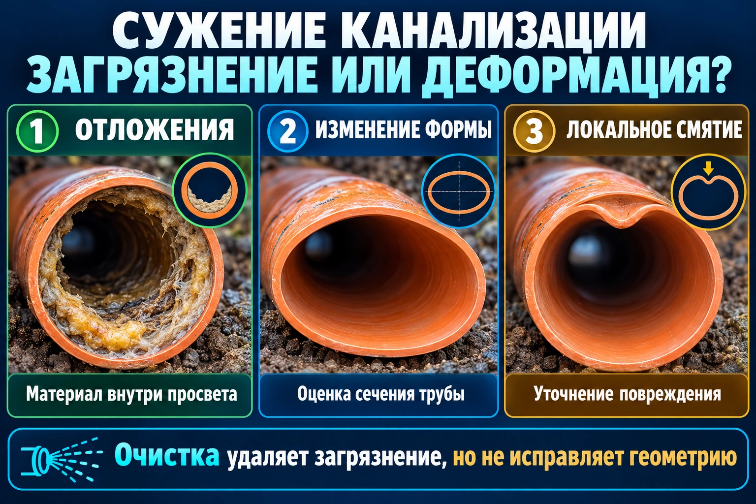 Инфографика сужения канализационной трубы из-за отложений, изменения формы и локального смятия