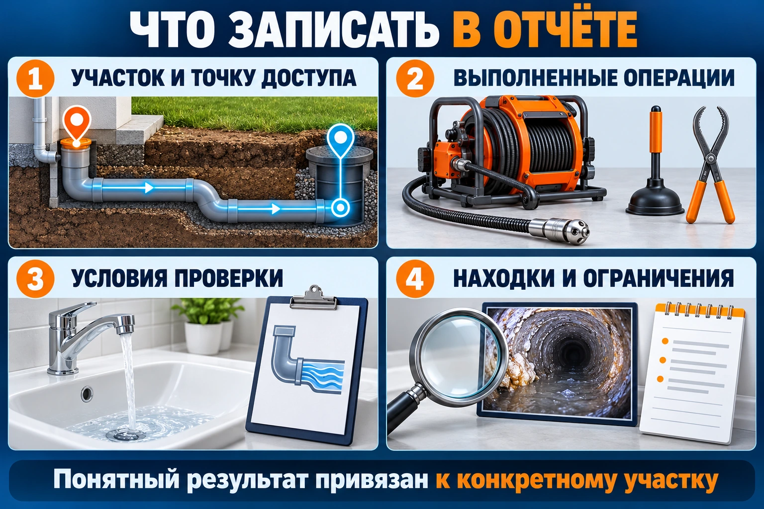 Инфографика содержания отчёта: участок и доступ, выполненные операции, условия проверки, находки и ограничения