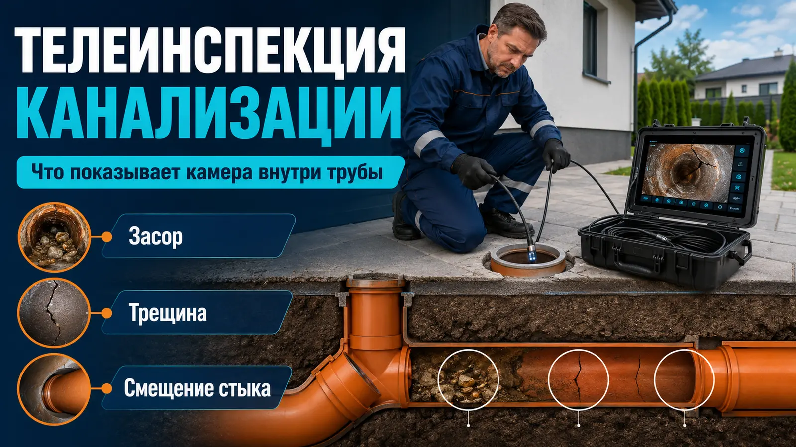 Телеинспекция канализационной трубы профессиональной камерой