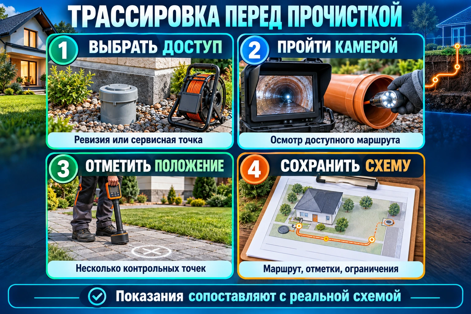 Инфографика: выбор сервисного доступа, обследование камерой, отметки положения на поверхности и сохранение рабочей схемы