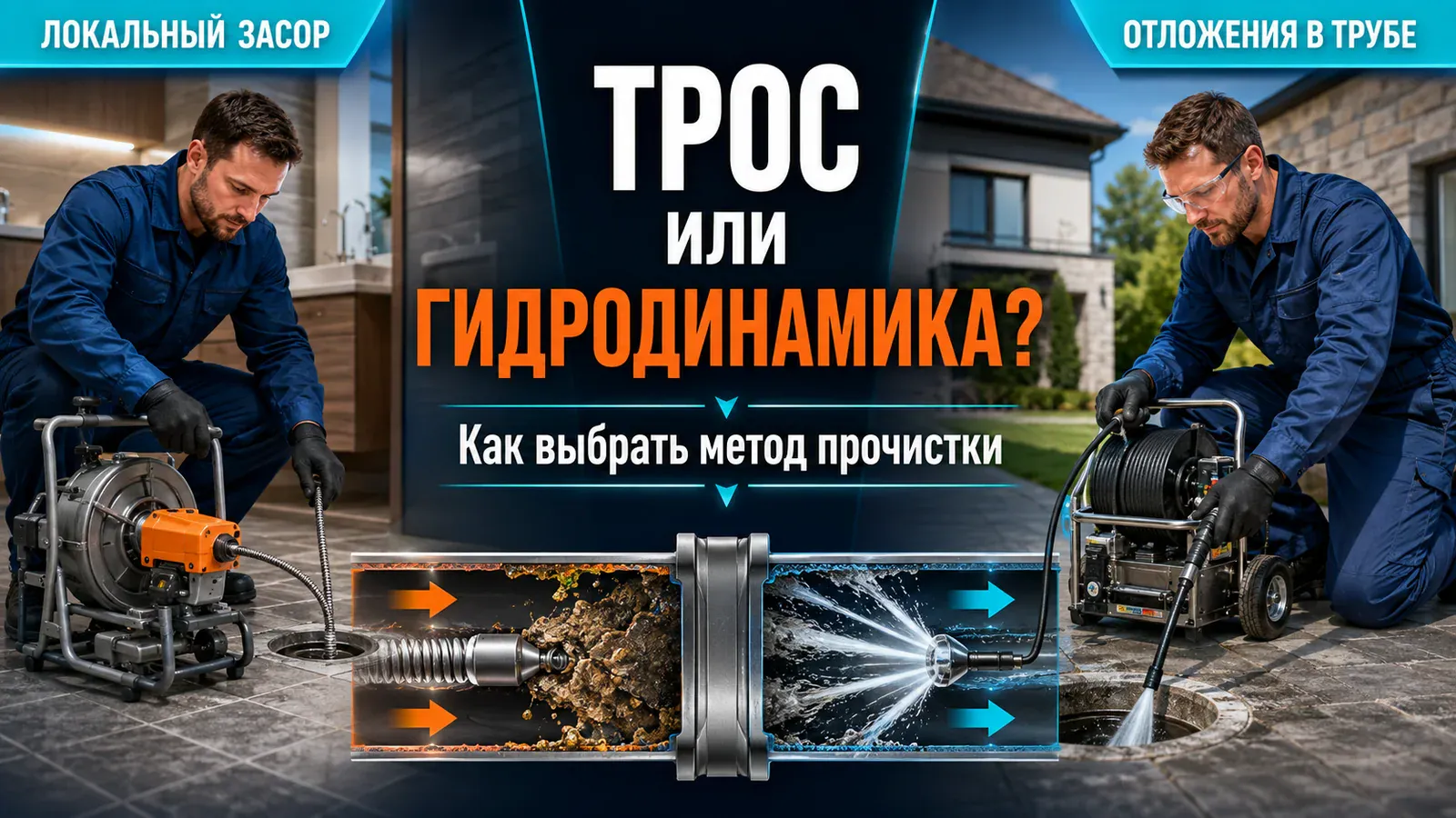 Сравнение троса и гидродинамической промывки канализации