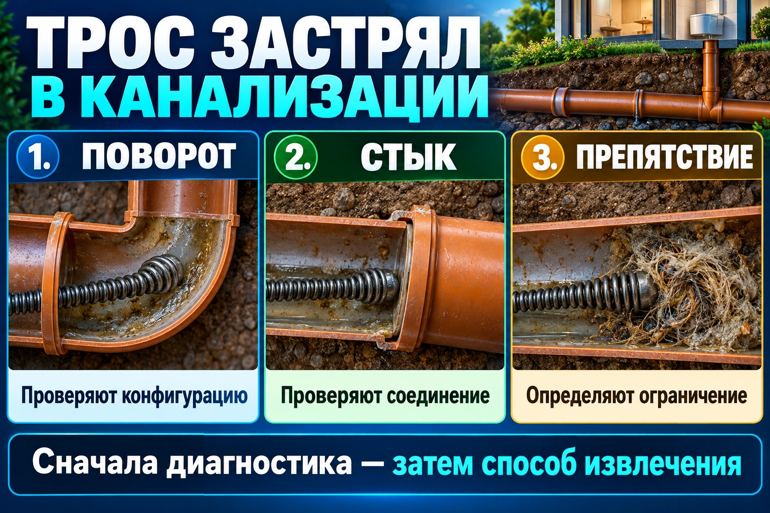 Инфографика возможных зон удержания троса в канализации: поворот, стык и препятствие