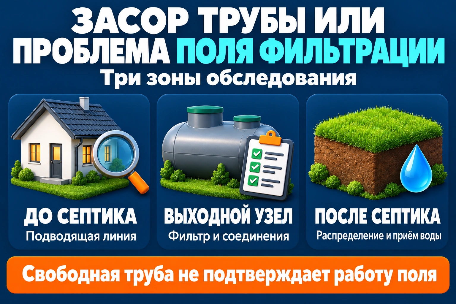 Зоны обследования трубы, выходного узла и поля фильтрации