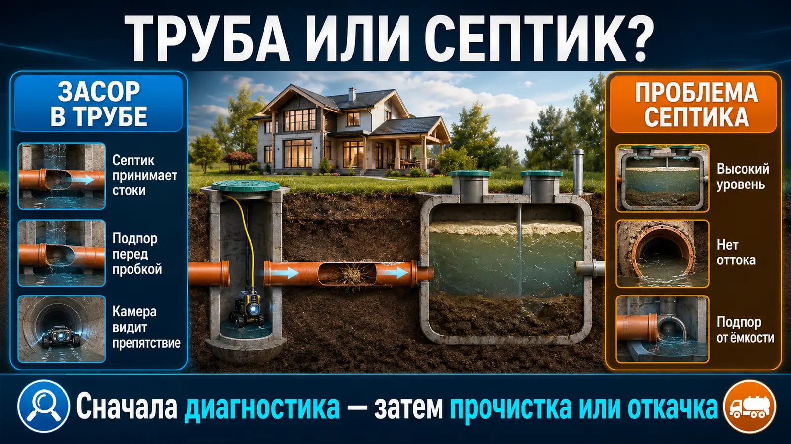 Сравнение признаков засора трубы и неисправности септика