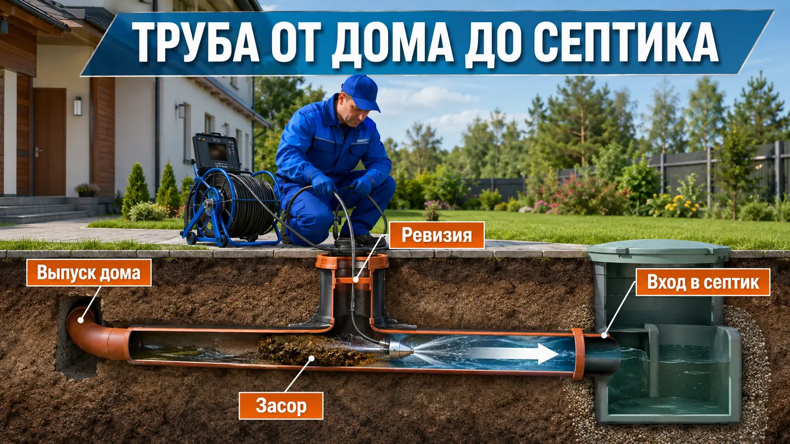 Прочистка трубы канализации между домом и септиком