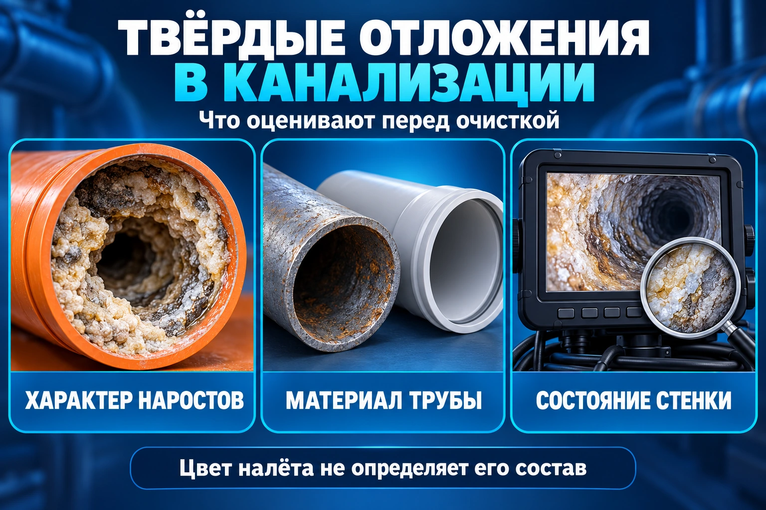 Инфографика оценки твёрдых отложений: наросты, материал трубы и состояние стенки