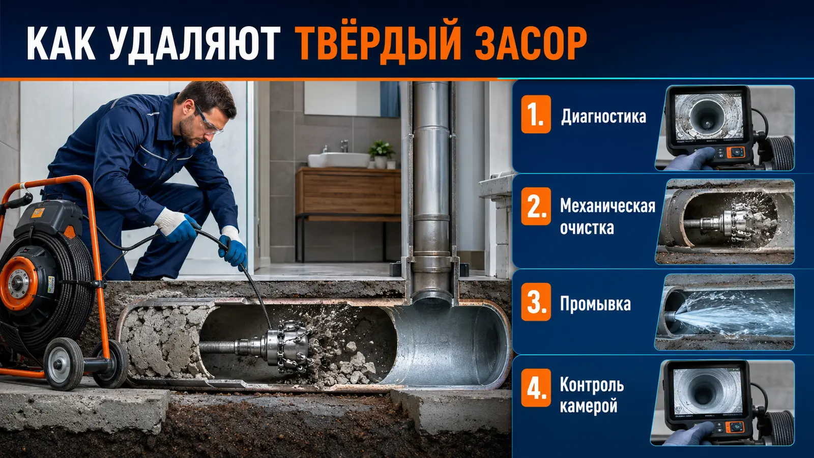 Механическая очистка трубы от затвердевшего цемента с последующей промывкой и видеодиагностикой