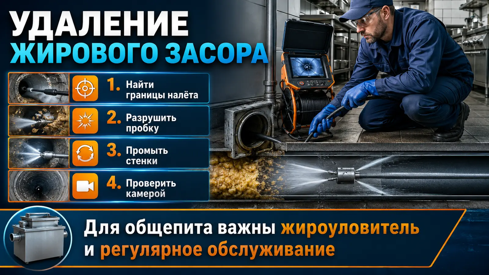 Гидродинамическое удаление жирового засора с контролем канализационной трубы камерой