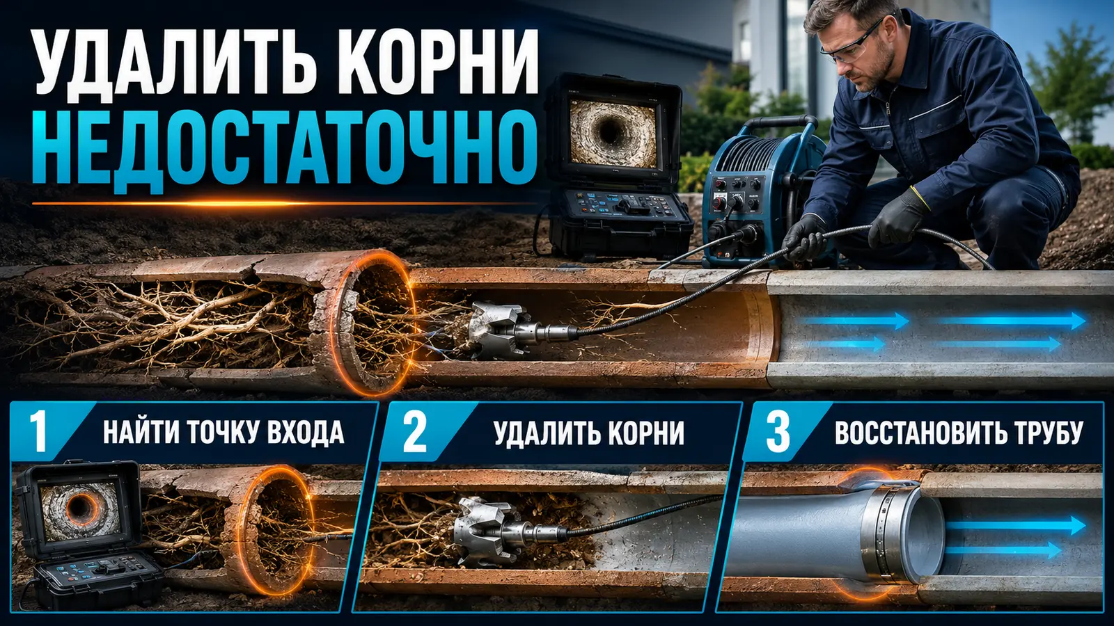 Поиск точки входа, удаление корней и восстановление канализационной трубы