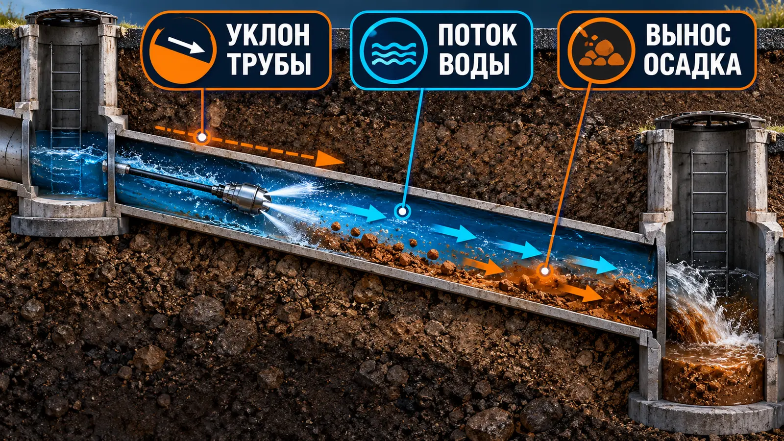 Влияние уклона трубы, потока воды и выноса осадка при промывке канализации