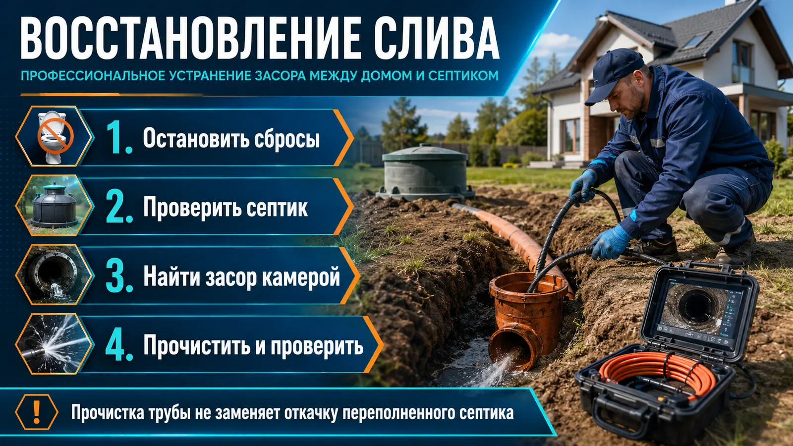 Диагностика и гидродинамическая прочистка трубы между домом и септиком