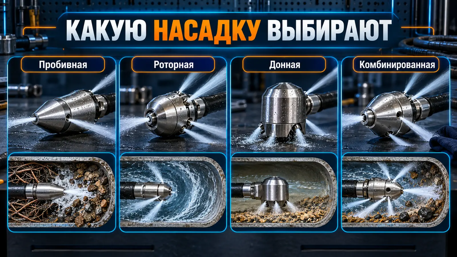 Типы насадок для гидродинамической промывки канализации