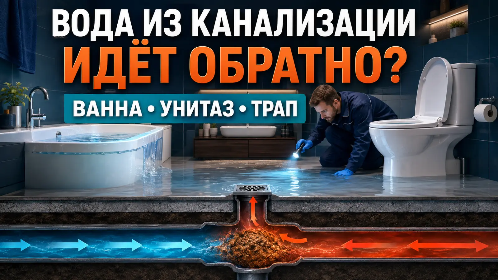 Обратный поток воды из канализации в ванну, унитаз или трап
