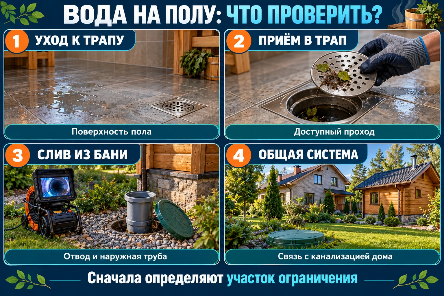 Инфографика проверки воды на полу бани: движение к трапу, приём в трап, отвод из бани и связь с общей системой дома