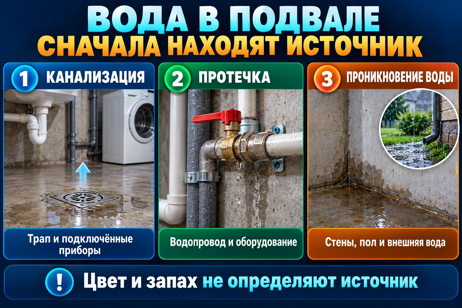 Инфографика возможных источников воды в подвале: канализация, протечка и внешняя вода