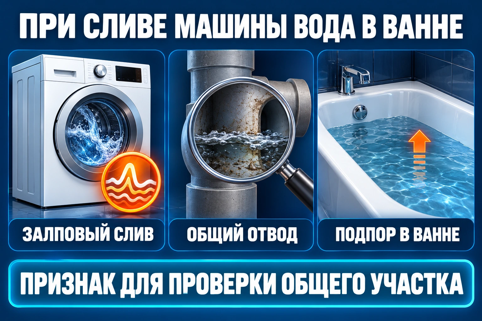 Подпор в ванне при сливе стиральной машины и проверка общего отвода