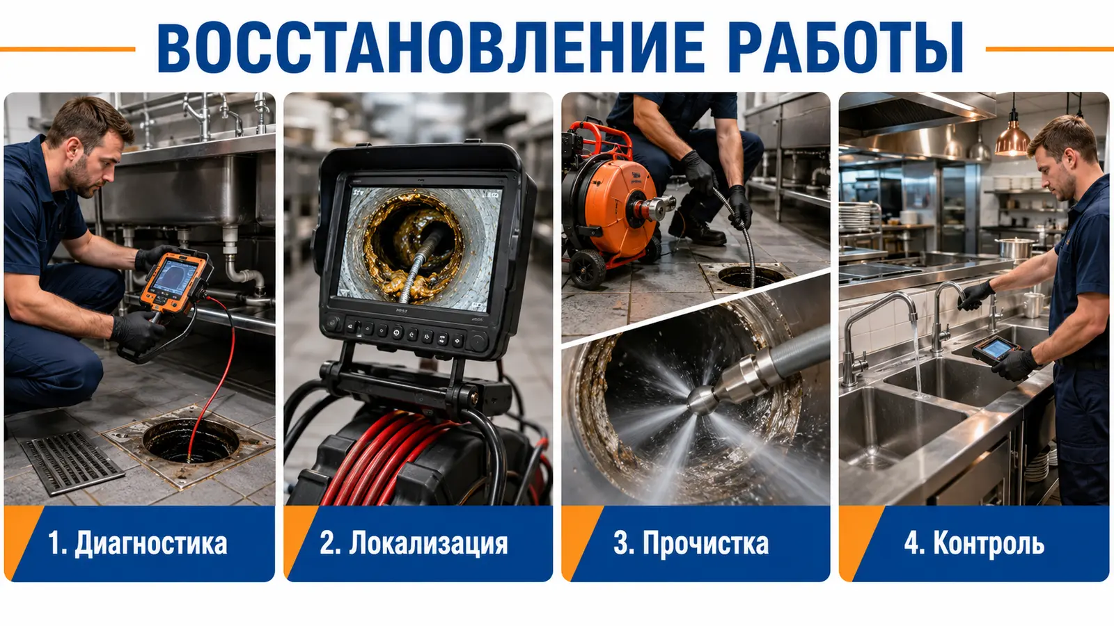 Диагностика, локализация, прочистка и контроль канализации ресторана