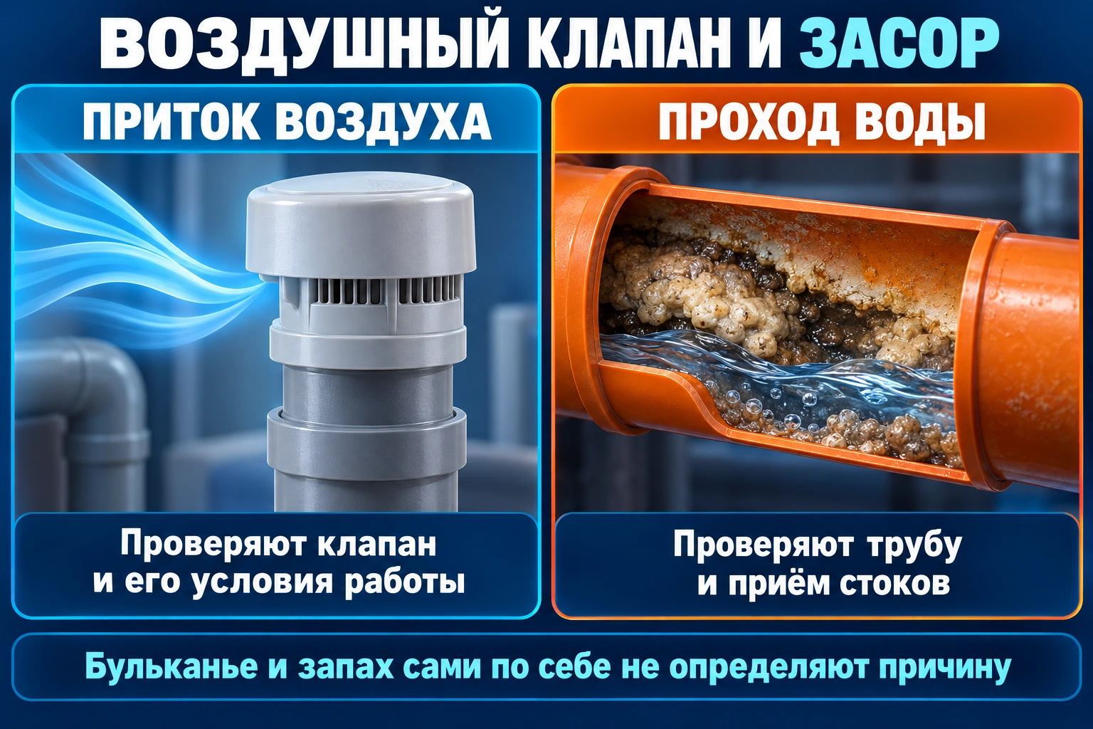 Инфографика диагностики воздушного клапана и засора: приток воздуха и проход воды