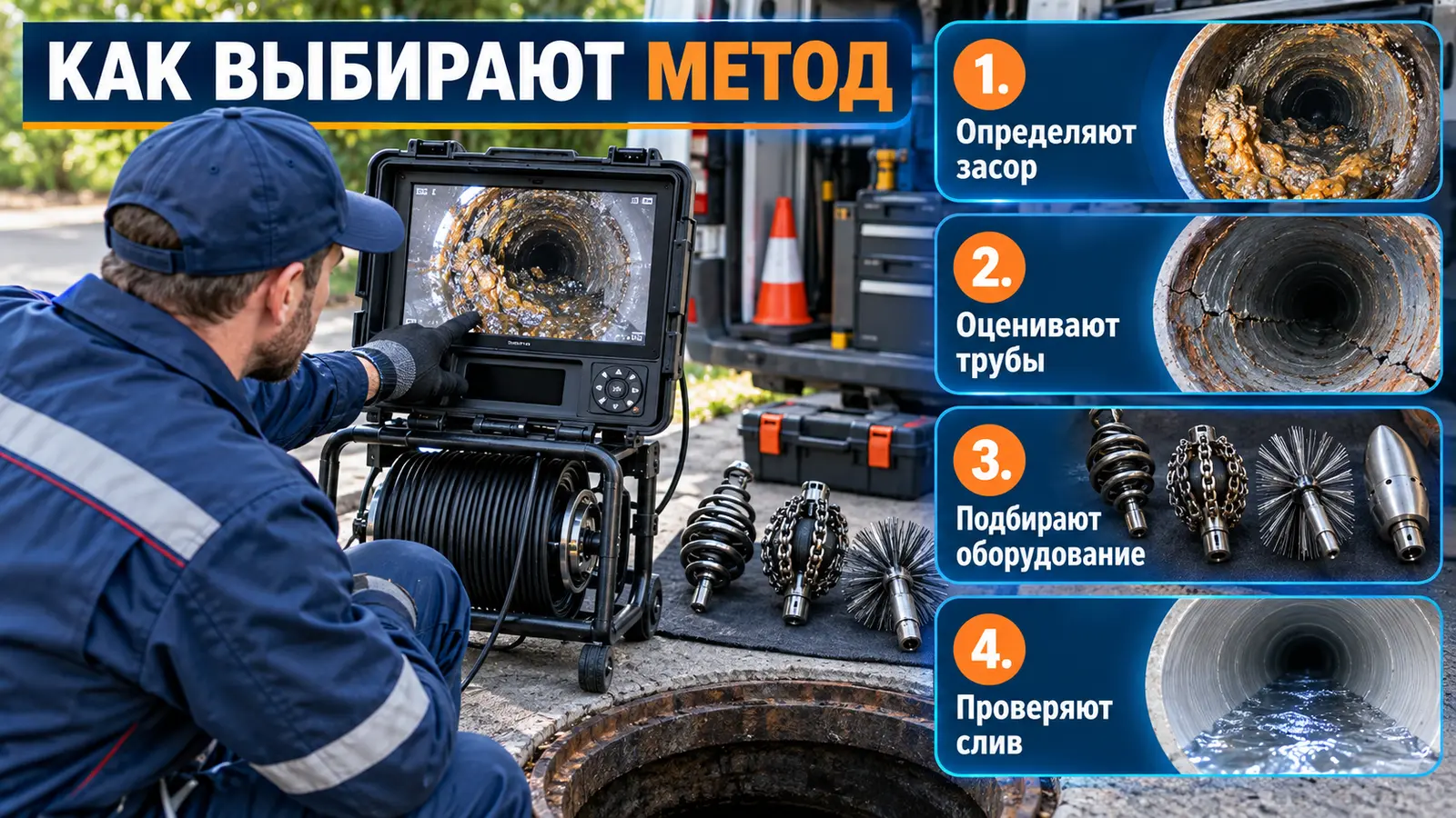 Как специалист выбирает метод прочистки канализации