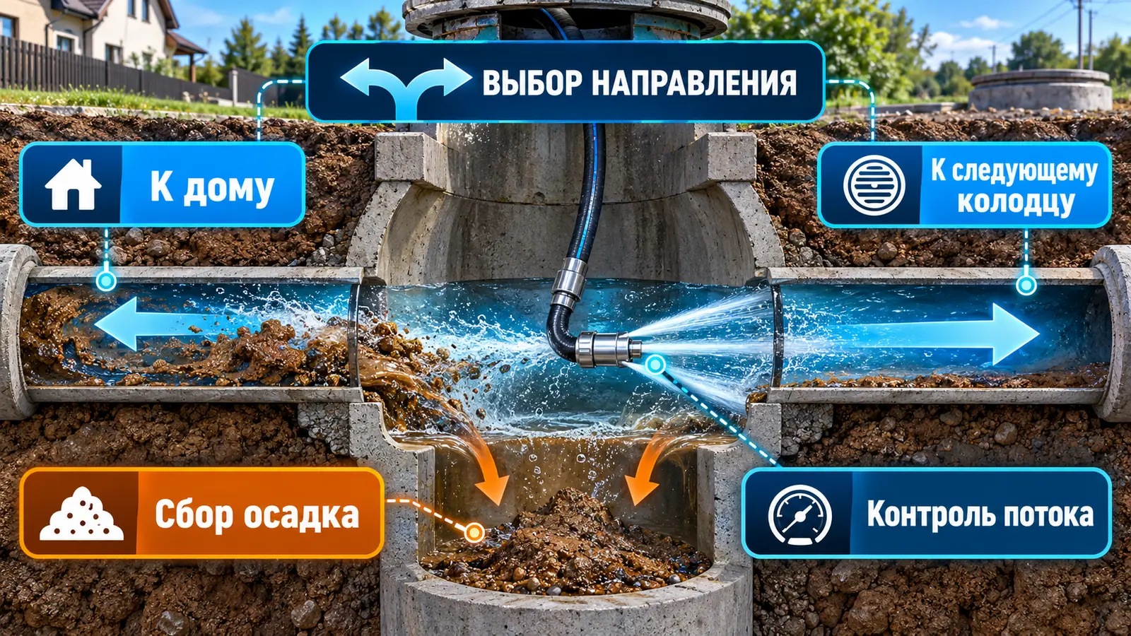 Выбор направления промывки канализационной трубы через колодец и сбор осадка
