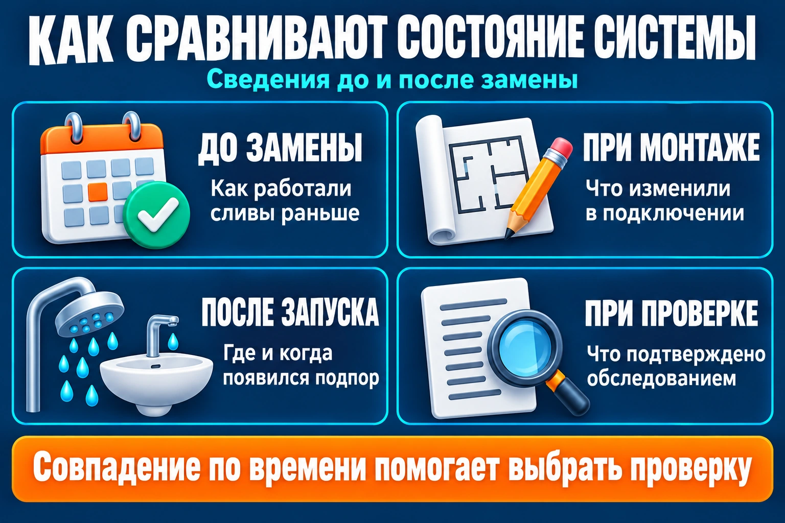 Сравнение состояния канализации до замены септика, при монтаже, после запуска и при обследовании