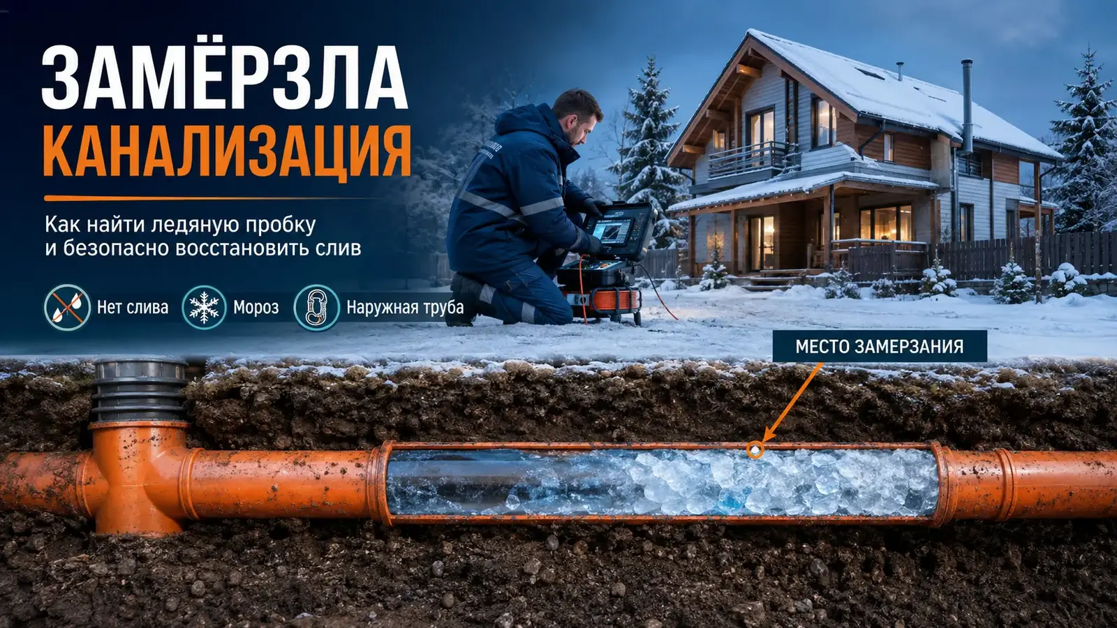 Ледяная пробка в наружной канализации частного дома