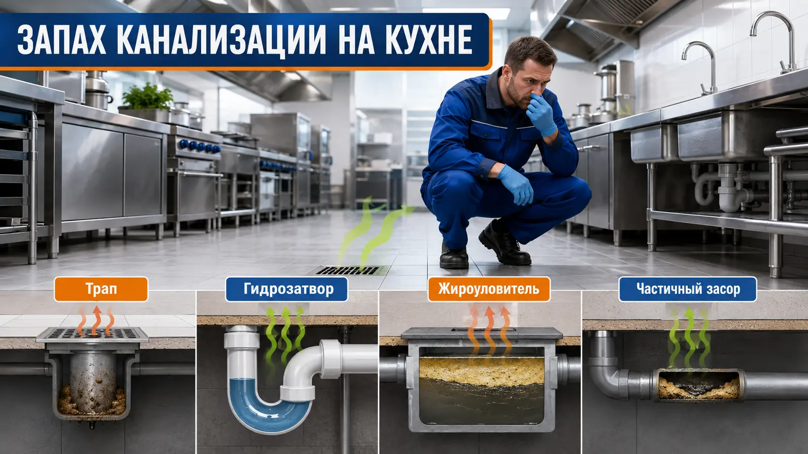 Запах канализации на кухне ресторана