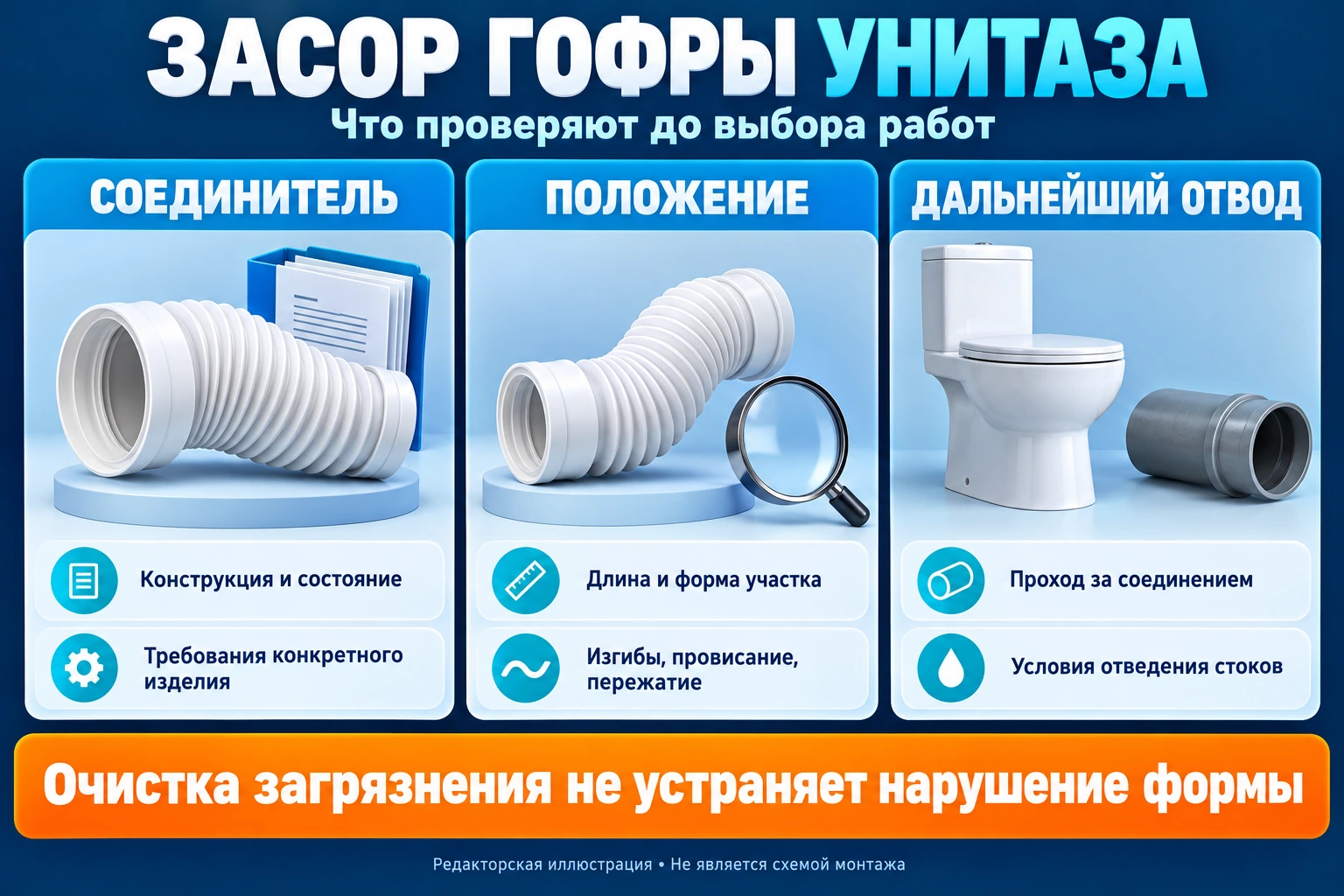 Инфографика проверки гофры унитаза: соединитель, положение и дальнейший отвод