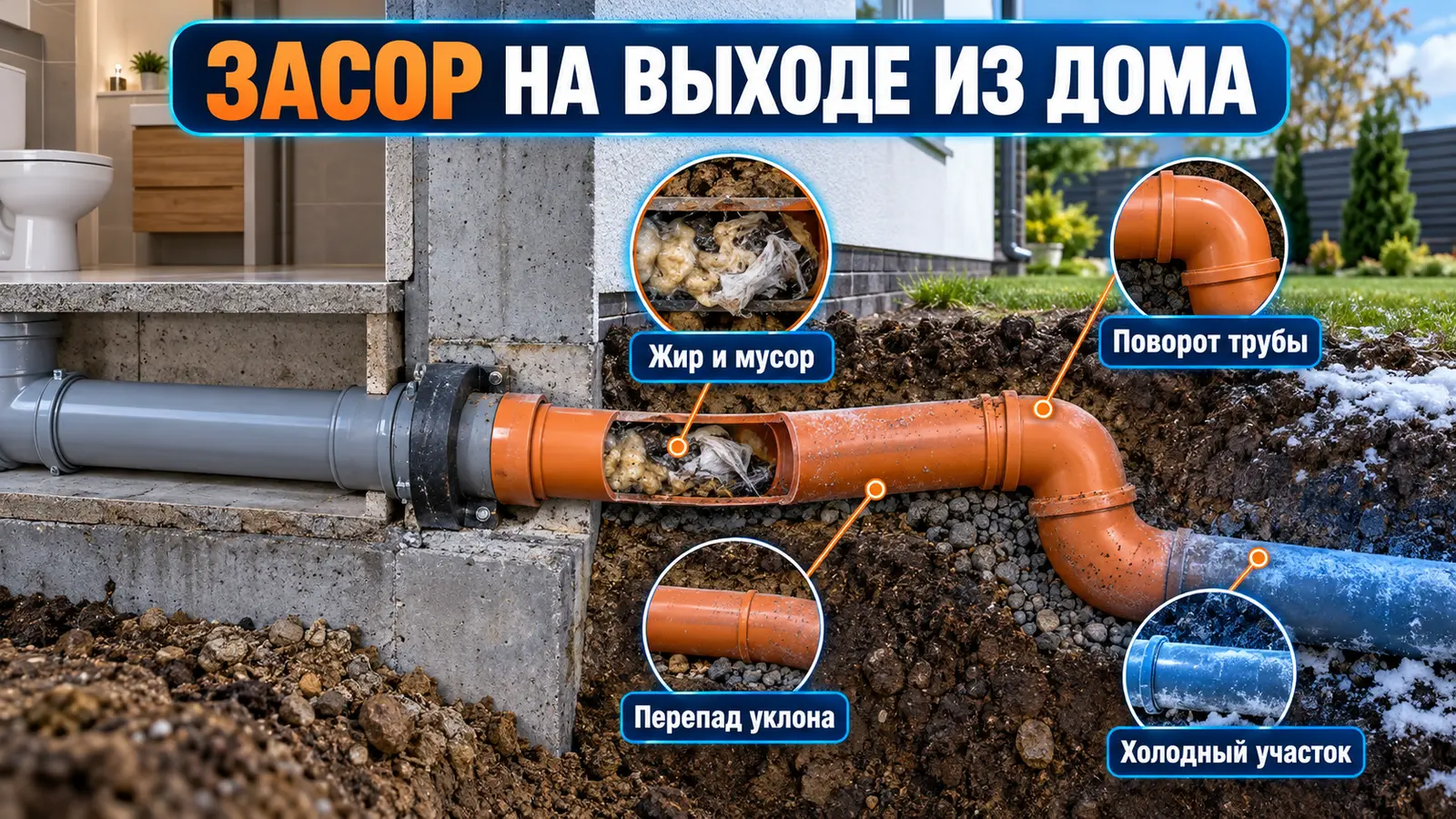 Засор канализации на выходе из дома