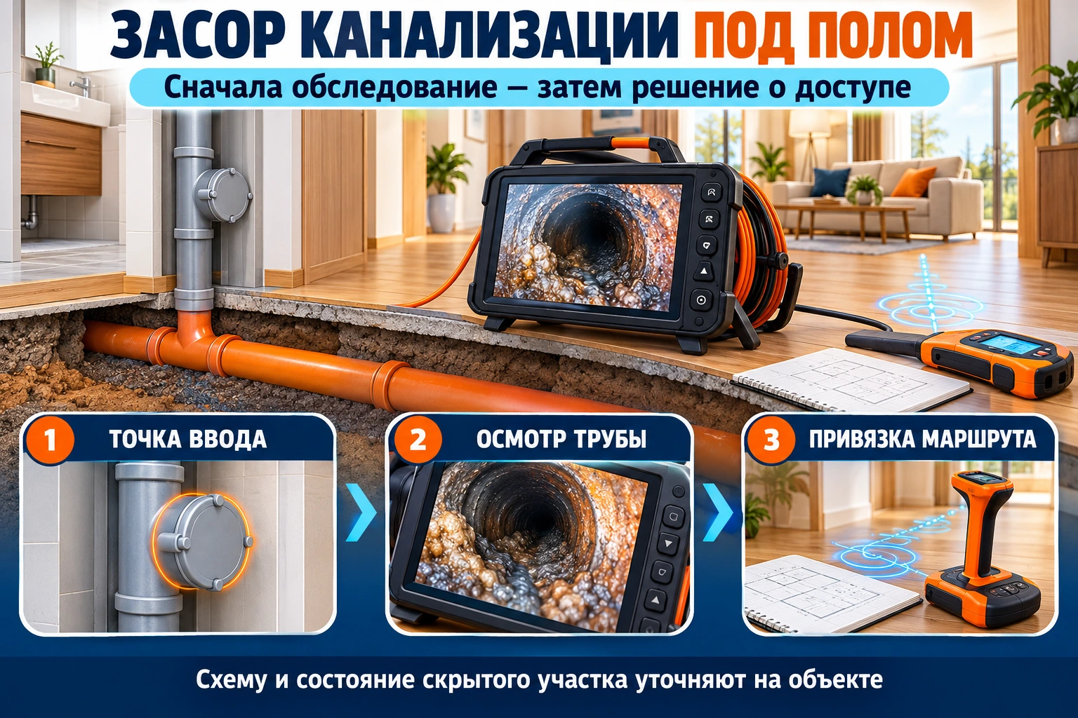 Инфографика обследования канализации под полом: доступ, камера и привязка маршрута