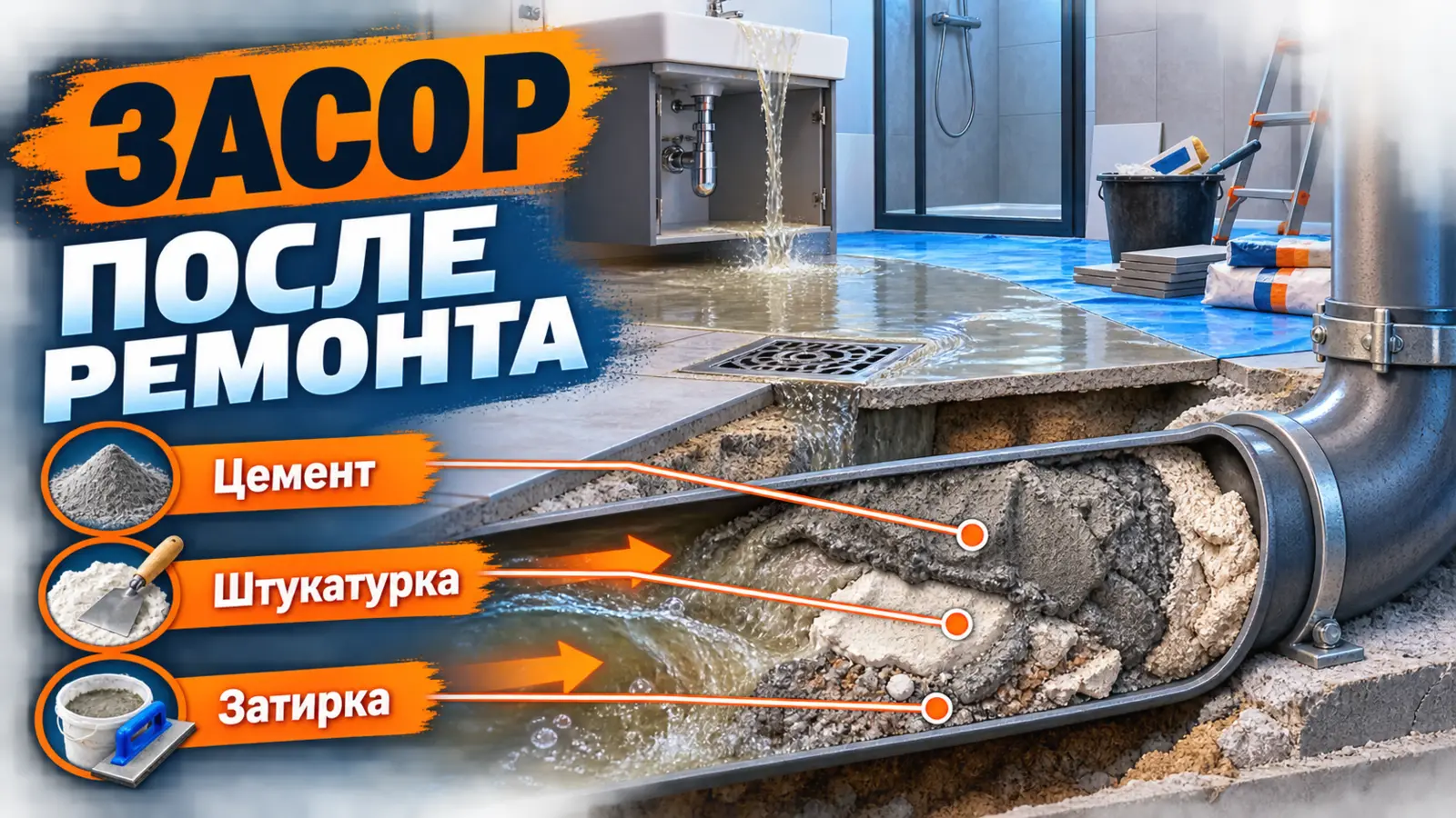 Засор канализации цементом, штукатуркой и плиточной затиркой после ремонта