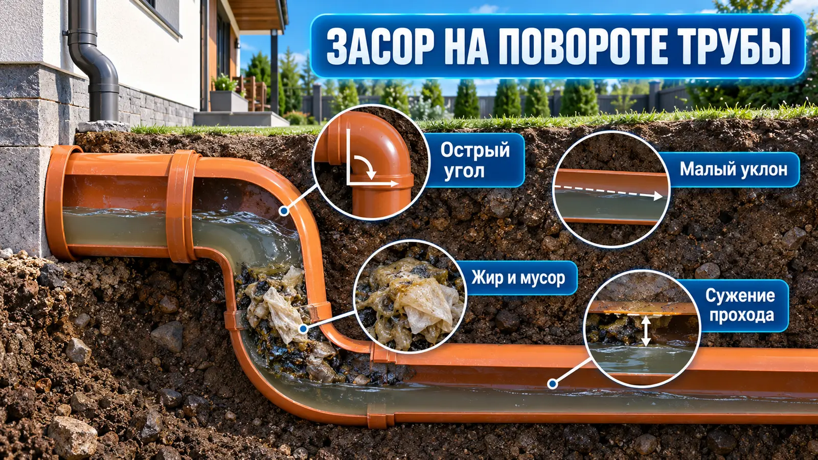 Засор на повороте канализационной трубы