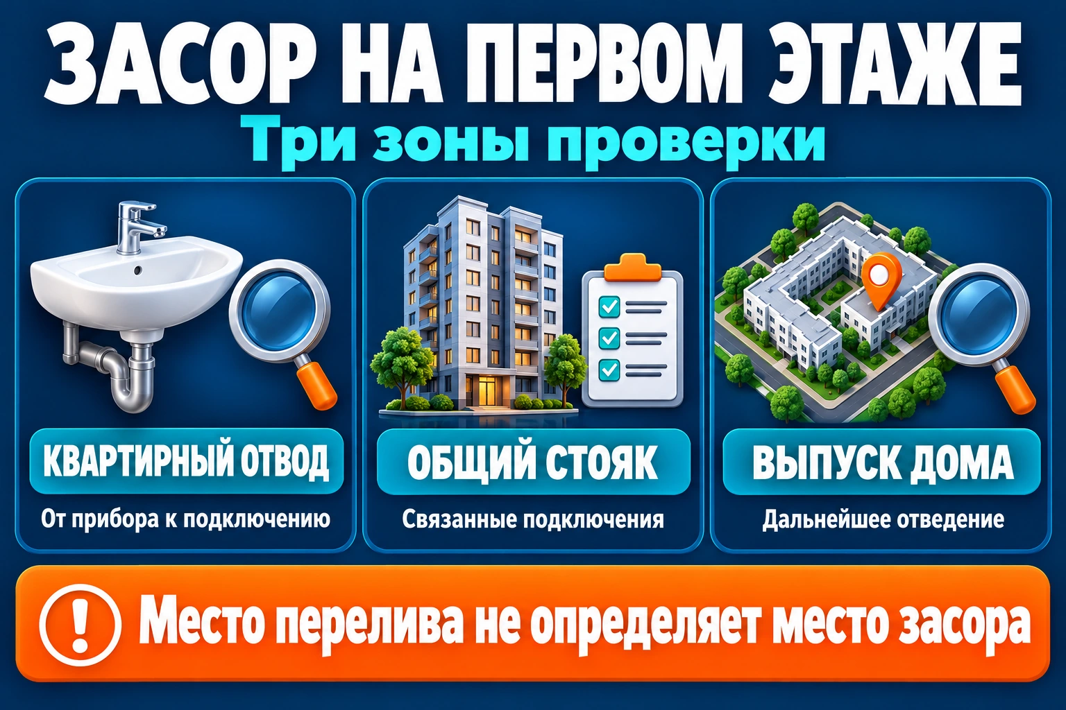 Три зоны проверки засора канализации в квартире на первом этаже