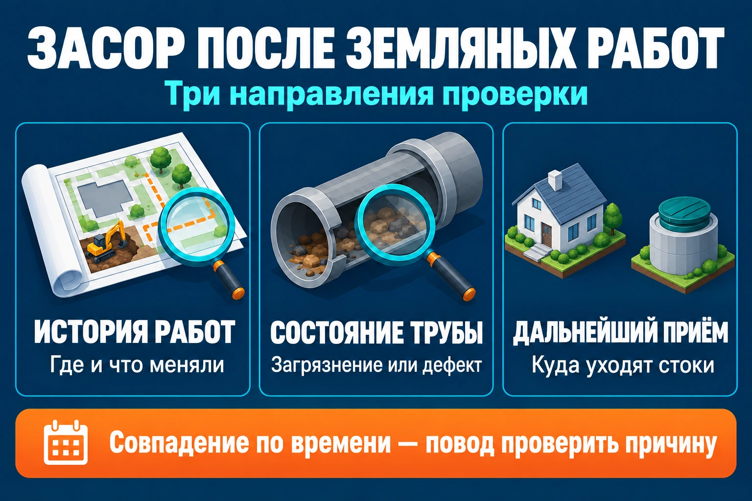 Инфографика проверки засора после земляных работ на участке