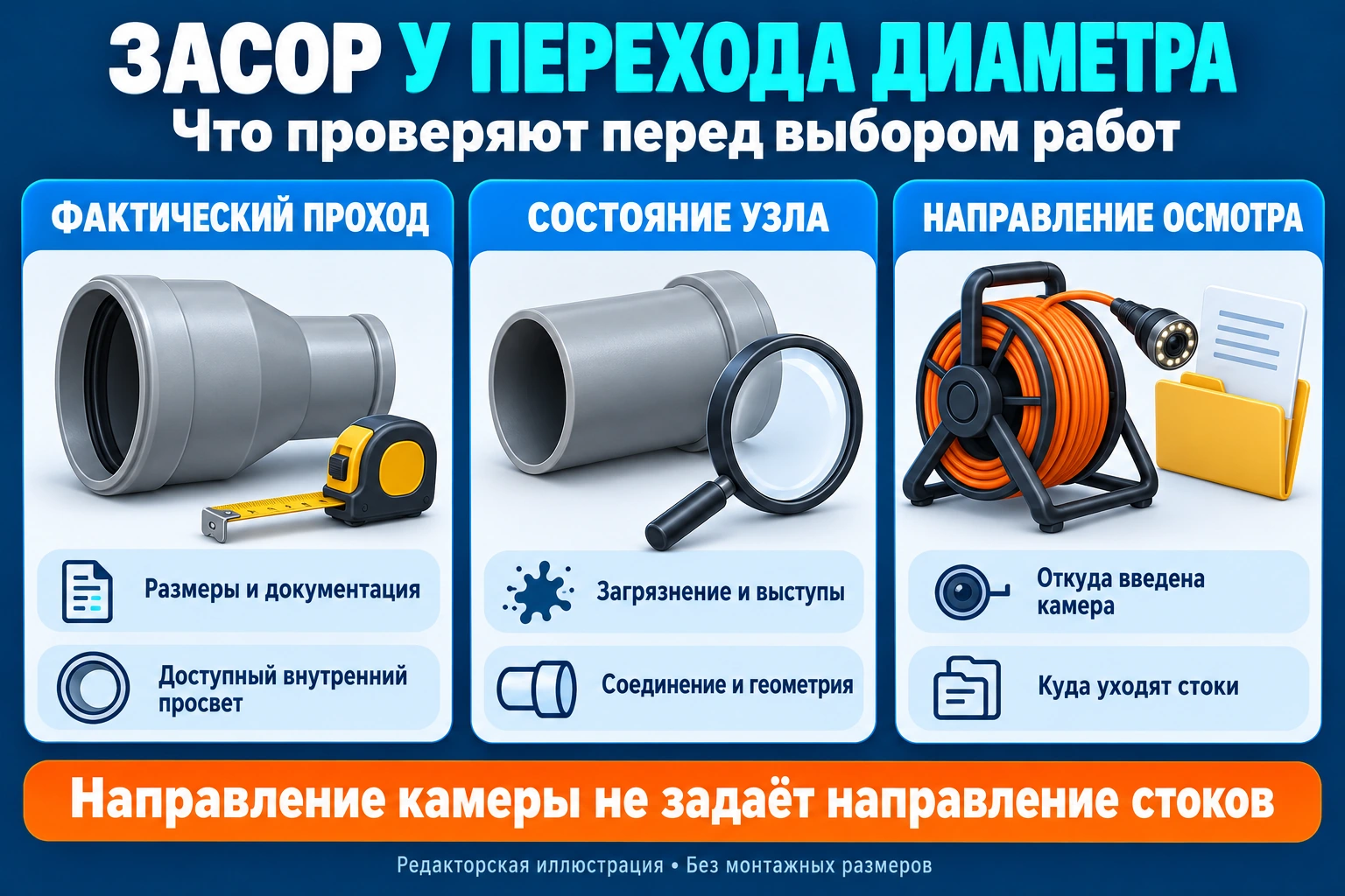 Инфографика проверки перехода диаметра: проход, состояние узла и направление осмотра