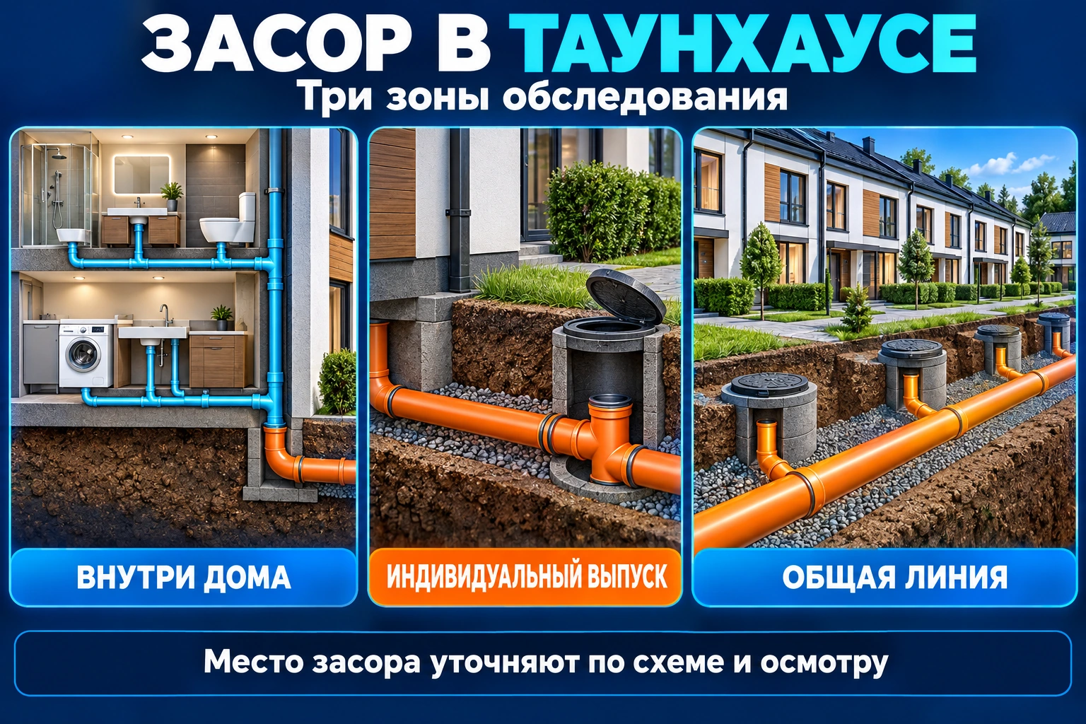 Инфографика обследования канализации таунхауса: внутренняя сеть, индивидуальный выпуск и общая линия