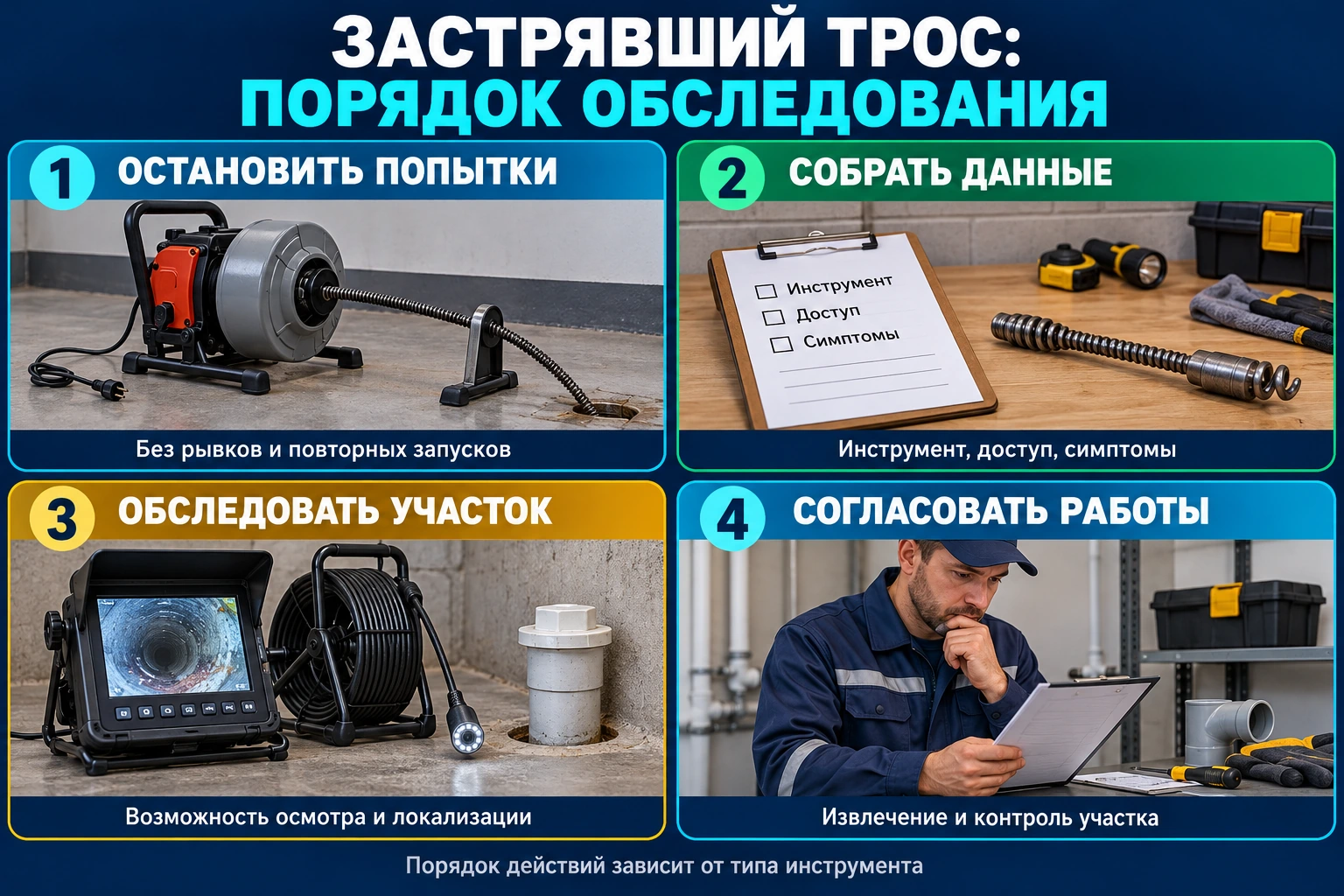 Инфографика: прекращение повторных попыток, сбор сведений об инструменте, обследование участка и согласование извлечения с контролем